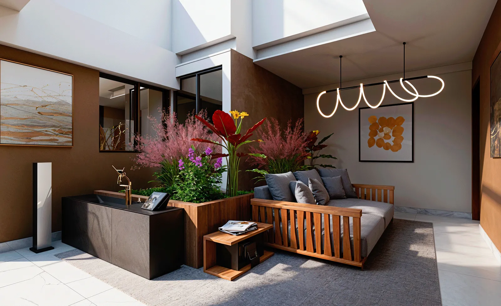 Lobby de Origen Residencial con sala de espera, jardín interior e iluminación cenital
