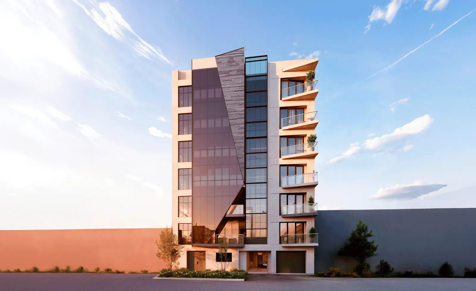 Fachada contemporánea de Origen Residencial con balcones y amplias superficies acristaladas