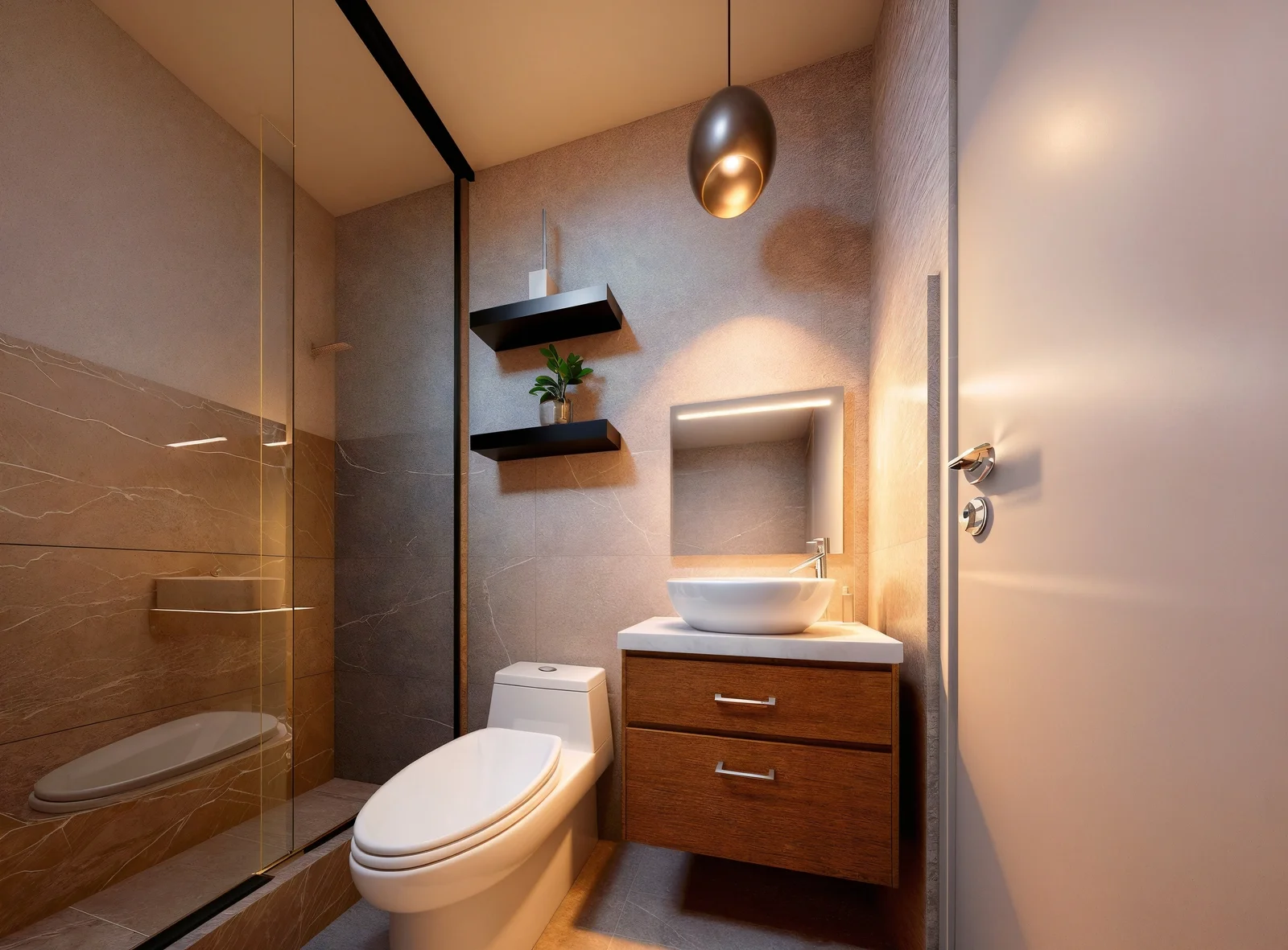 Baño completo con acabados en porcelanato y grifería moderna en Origen Residencial