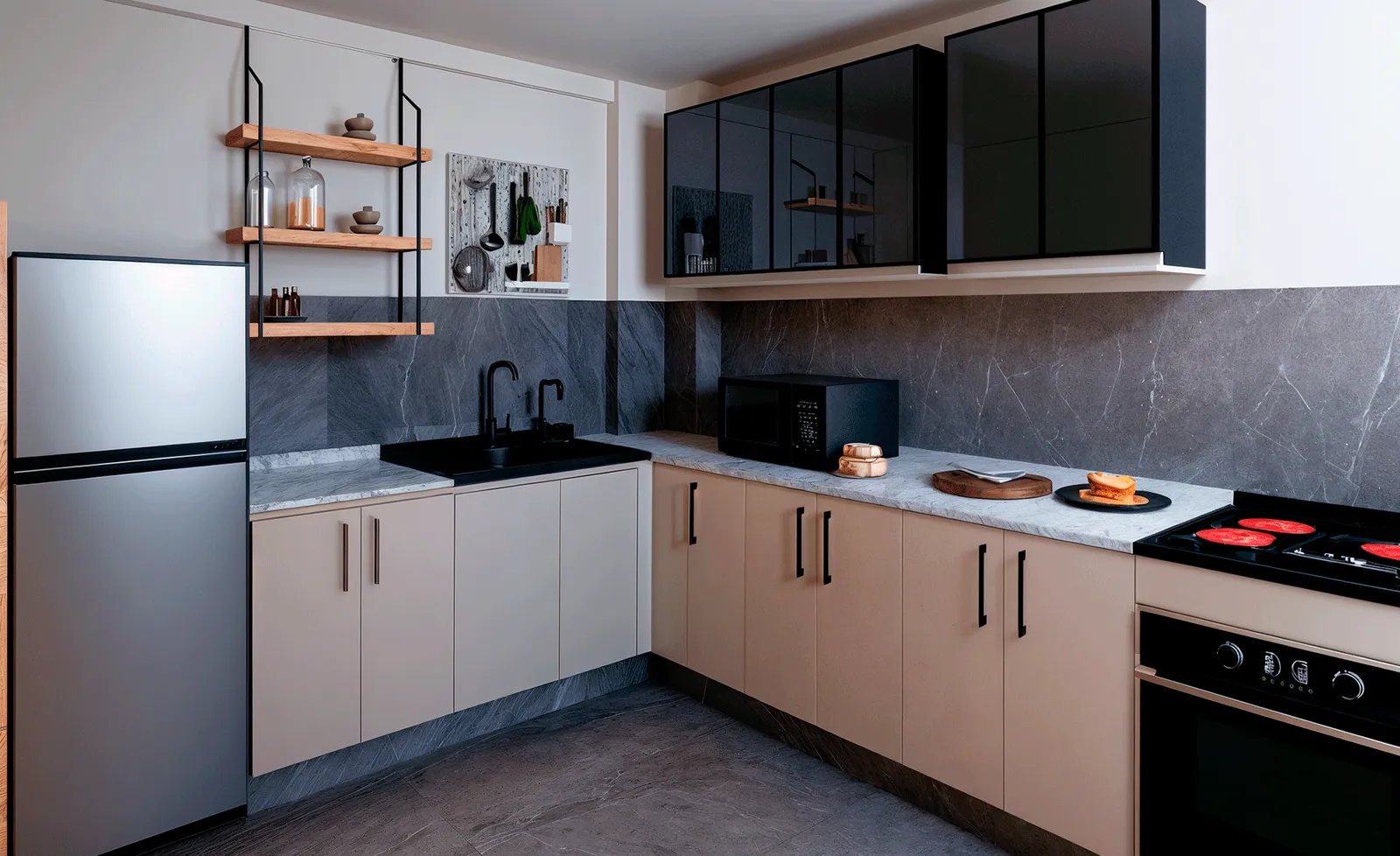 Cocina en L de Origen Residencial con mobiliario, encimera y electrodomésticos