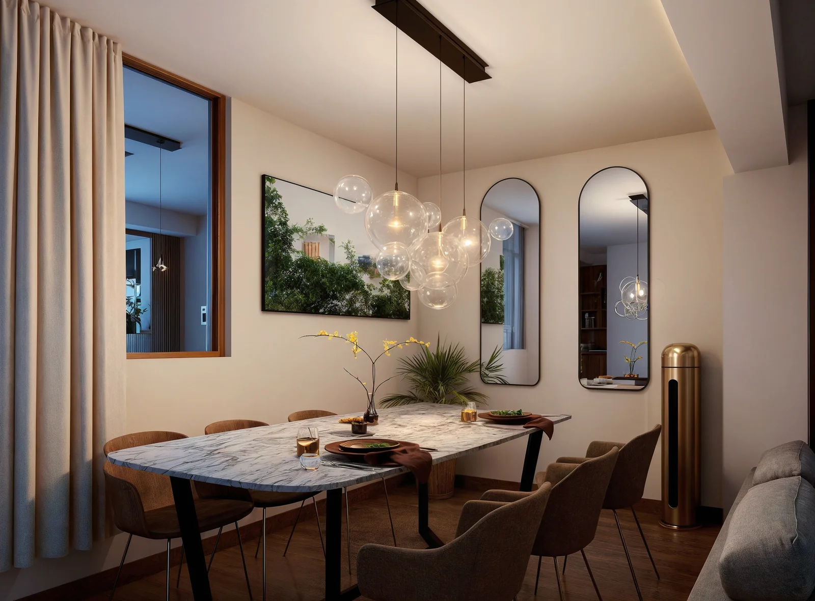 Comedor integrado de departamento dúplex para convivencia familiar en Origen Residencial